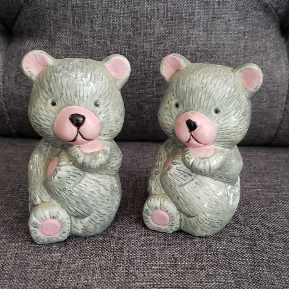 Vintage Ceramic Gray & Pink Bears Salt & Pepper Shakers